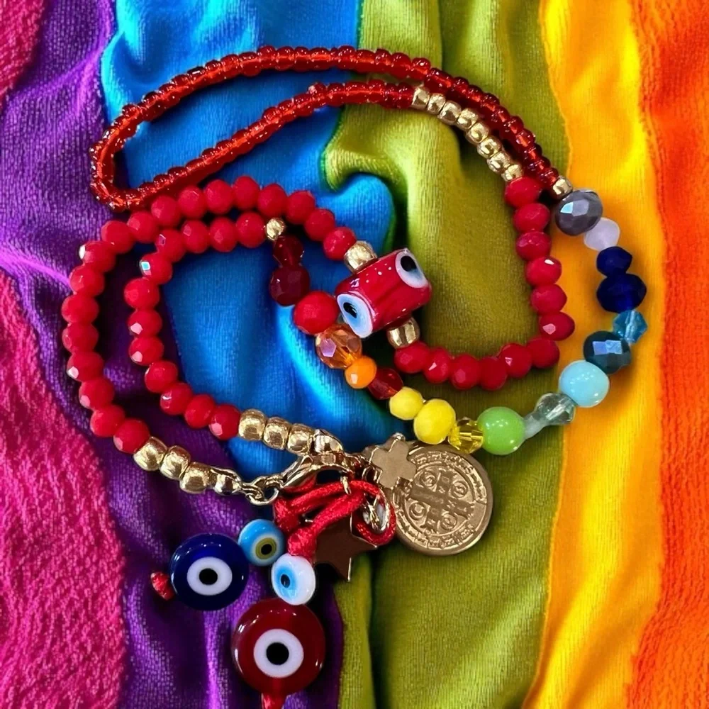 Vibrant Red Hand Beaded Rainbow and Evil Eye Protection Necklace 16”